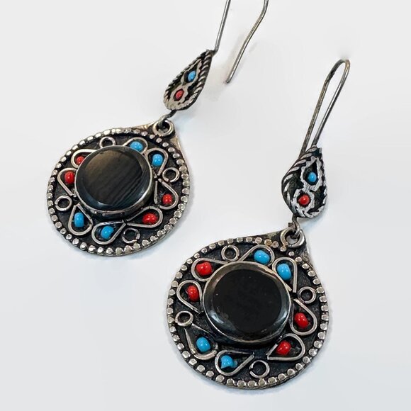 Black Earrings, Agate Aqeeq Stone, Afghan, Middle Eastern, Boho, Kuchi, Vintage - Picture 2 of 3